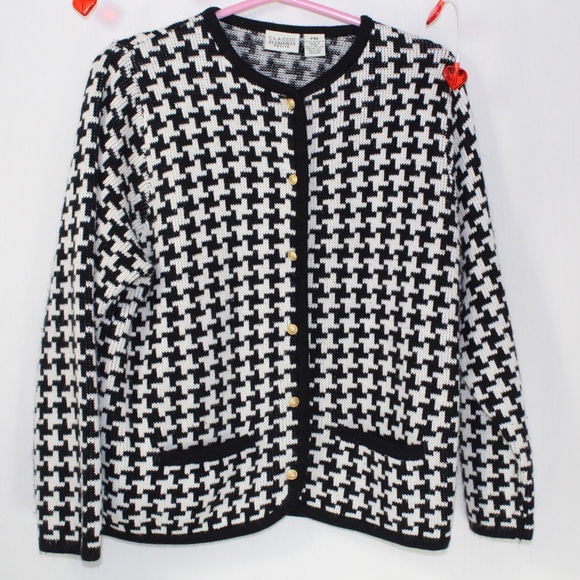 vintage black and white hounds tooth knit button up cardigan womens size pm - Picture 1 of 5